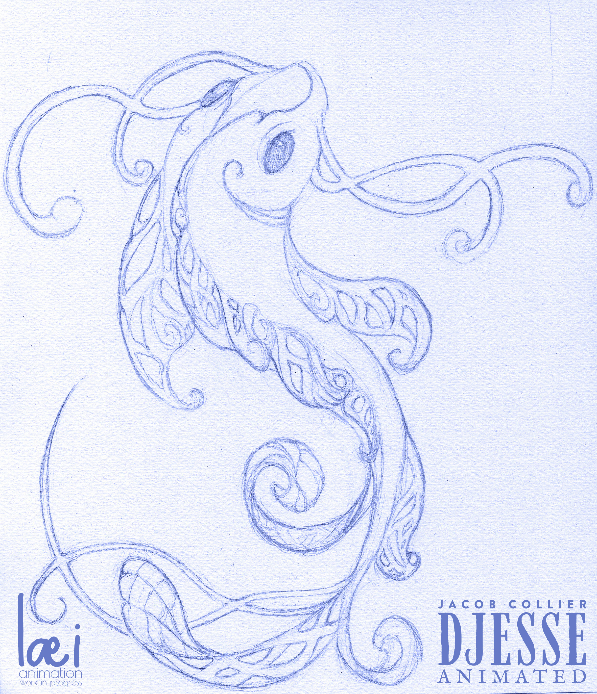 Pencil drawing of Laura's Koi fish design on her coat in an art-nouveau style